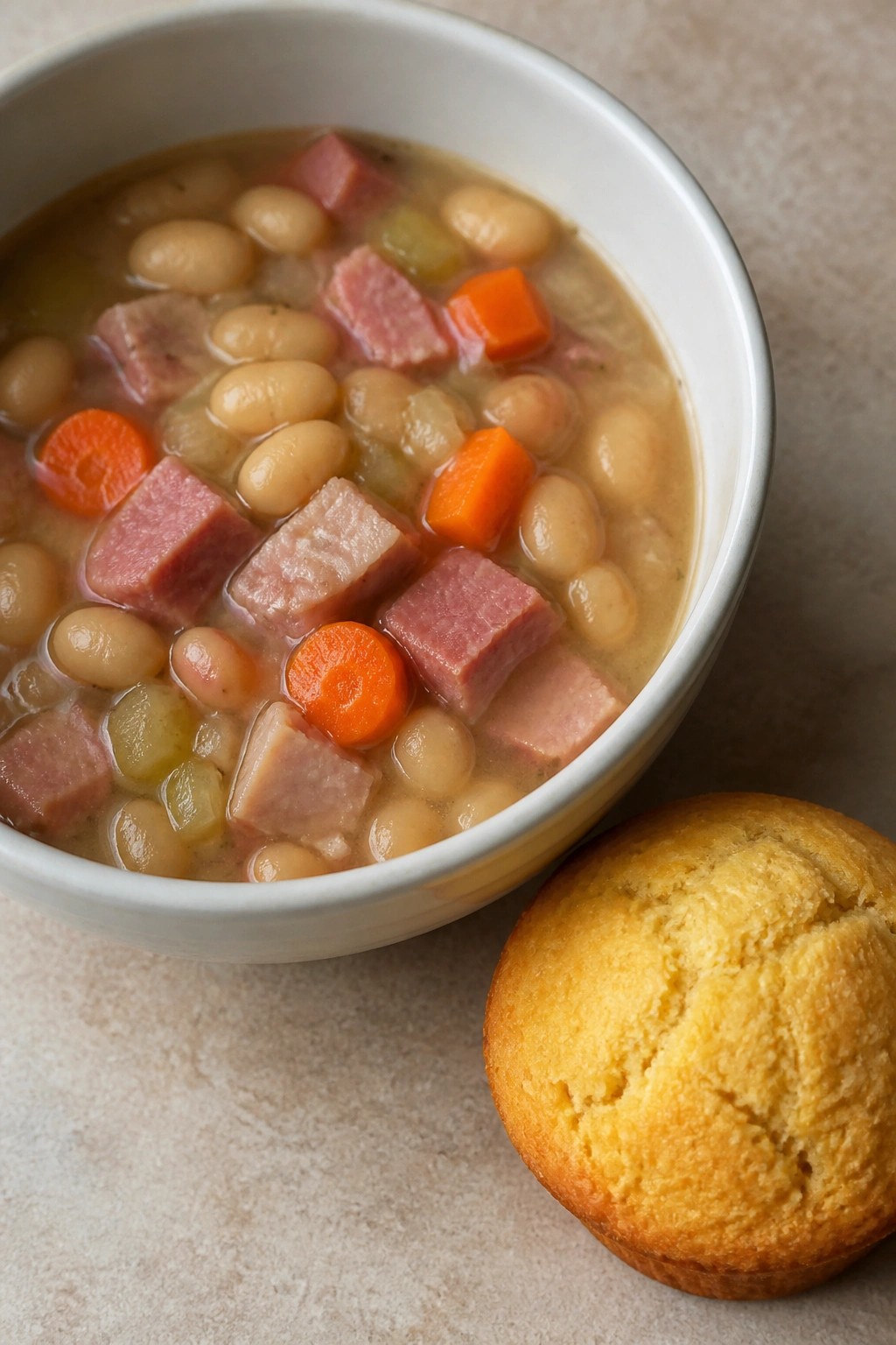 Slow Cooker Ham and White Bean Soup with Corn Muffins