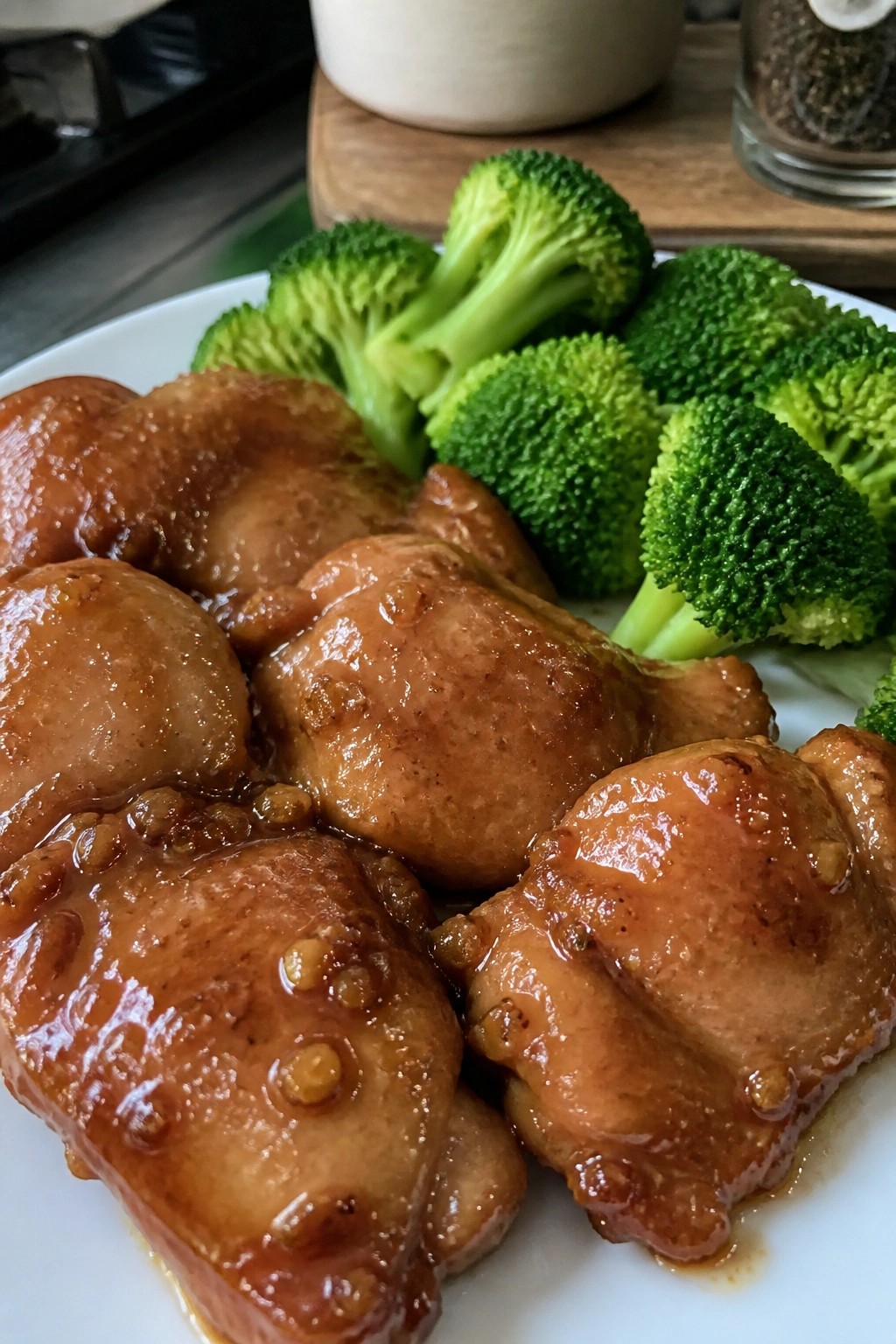 Slow Cooker Honey Garlic Chicken Thighs with Steamed Broccoli
