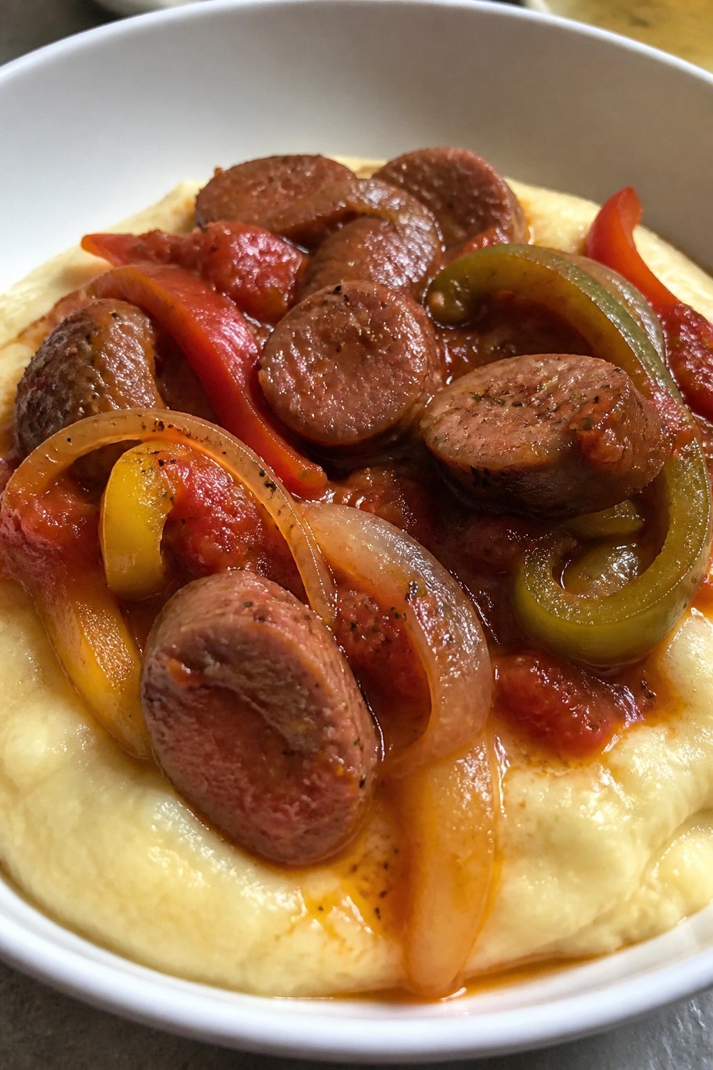 Slow Cooker Italian Sausage, Peppers, and Onions over Creamy Polenta