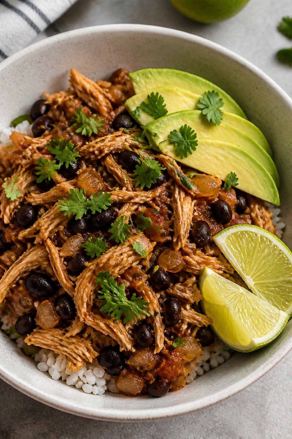 Mexican Shredded Chicken Burrito Bowls with Black Beans