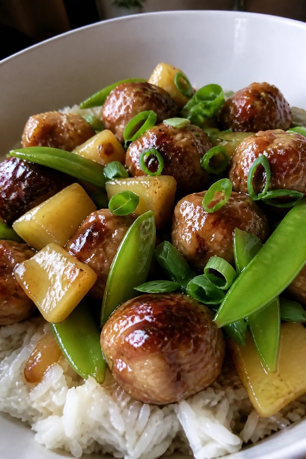Teriyaki Turkey Meatballs with Pineapple and Snow Peas