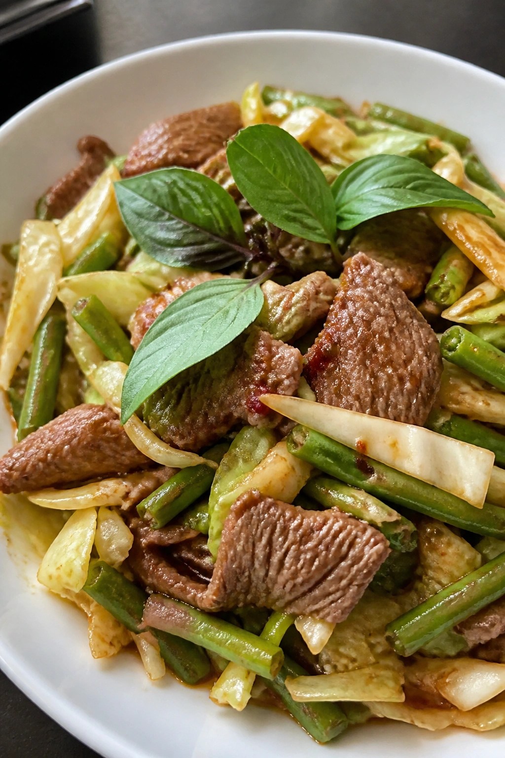 Spicy Thai Thai Basil Beef with Green Beans and Cabbage