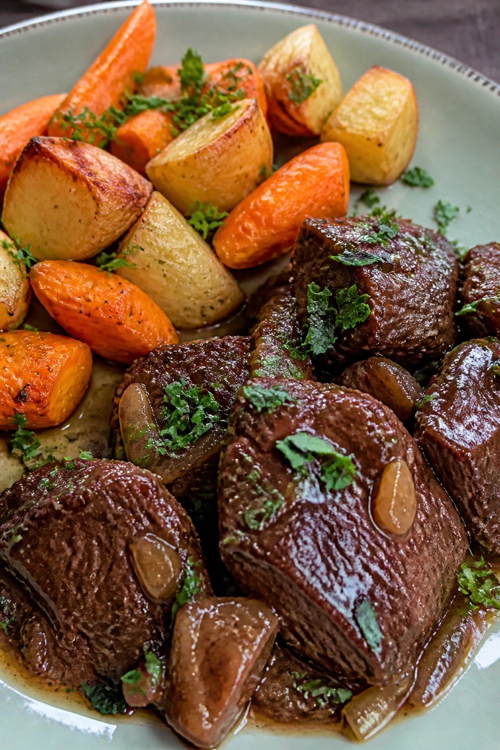 Balsamic Braised Beef with Roasted Root Vegetables