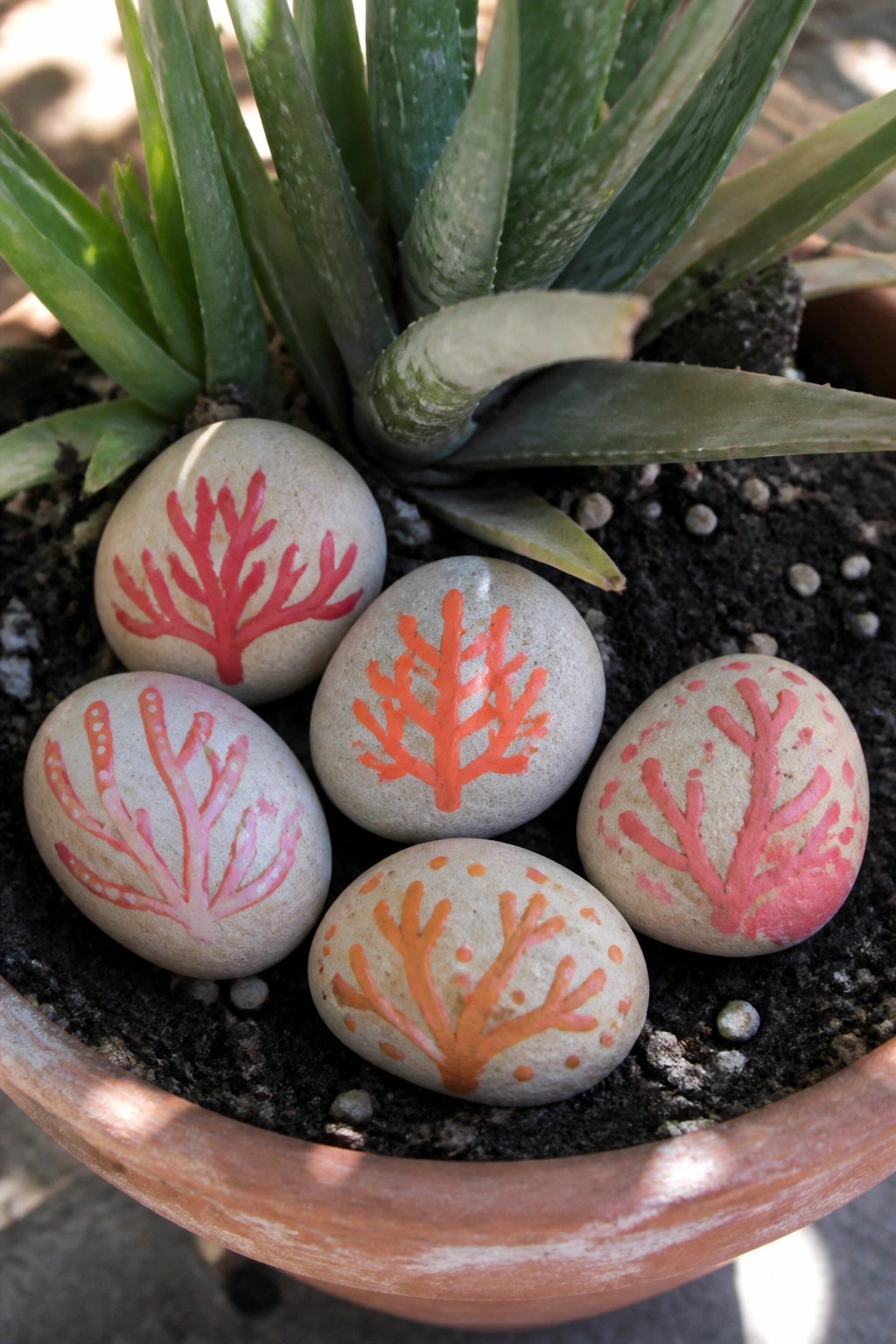 Succulent in terracotta pot amid five rocks painted with red-orange coral patterns.