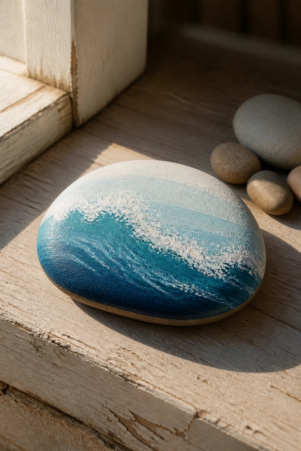 Painted stone with blue ocean waves on sunlit wooden windowsill