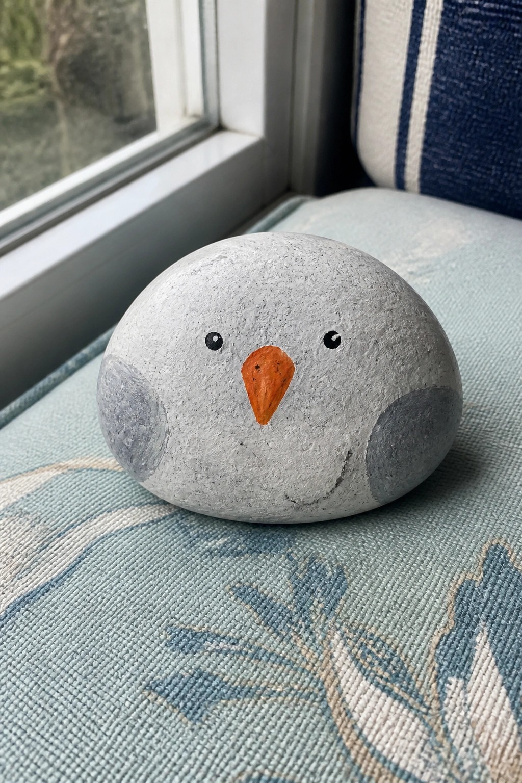 A gray painted rock with a penguin face featuring black eyes and an orange beak sits on a patterned fabric surface near a window.