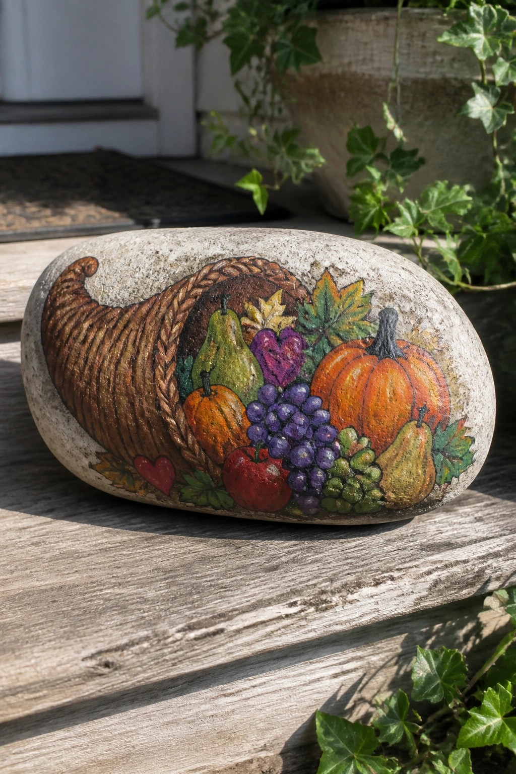 Painted rock with cornucopia overflowing with pumpkins, pears, grapes, and leaves.