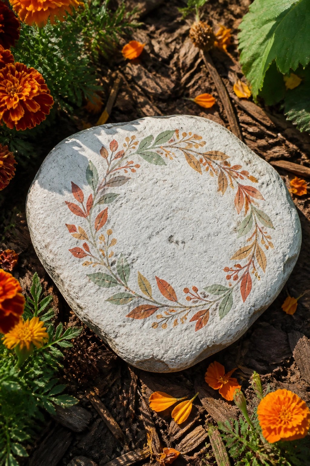 Painted garden rock with autumn leaf wreath amid orange marigolds and mulch