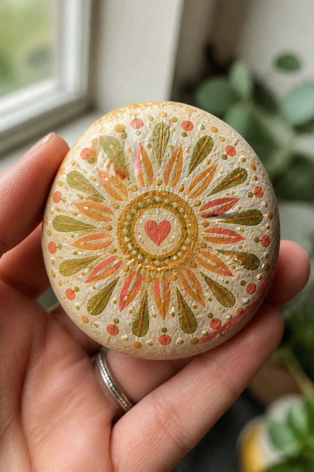 Hand holding beige stone with colorful mandala and pink heart center