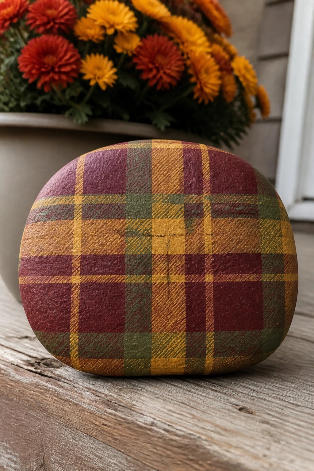 Plaid-painted rock on wood beside pot of red and yellow flowers