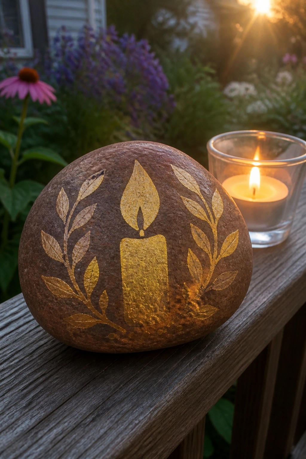 A round brown stone painted with a golden candle and leaf branches sits on a wooden railing next to a lit candle in a glass holder.