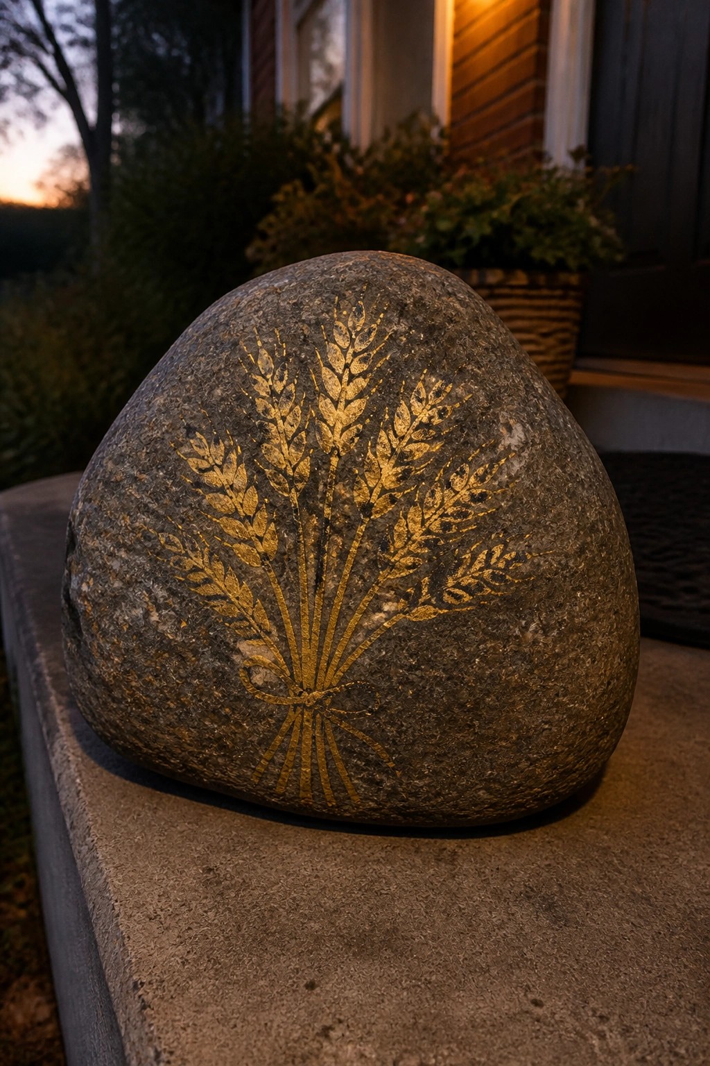 Large gray rock with golden wheat stalks design on concrete ledge at dusk