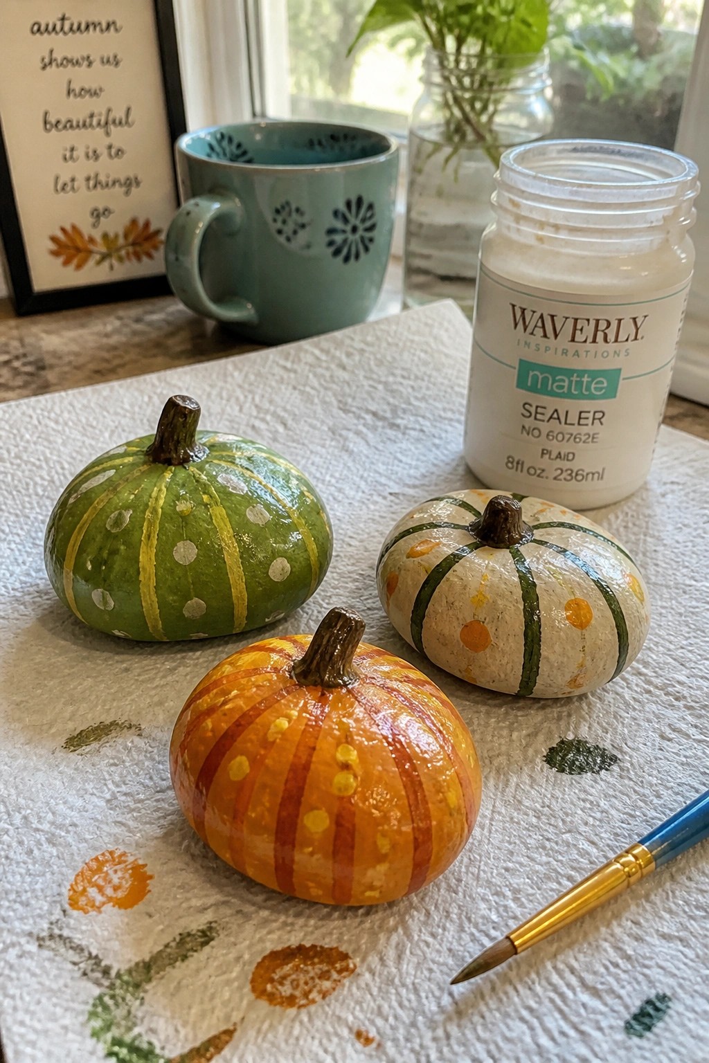 Three small rounded rocks painted as pumpkins in orange, green, and cream sit on a paper towel with a paintbrush and sealer jar nearby.