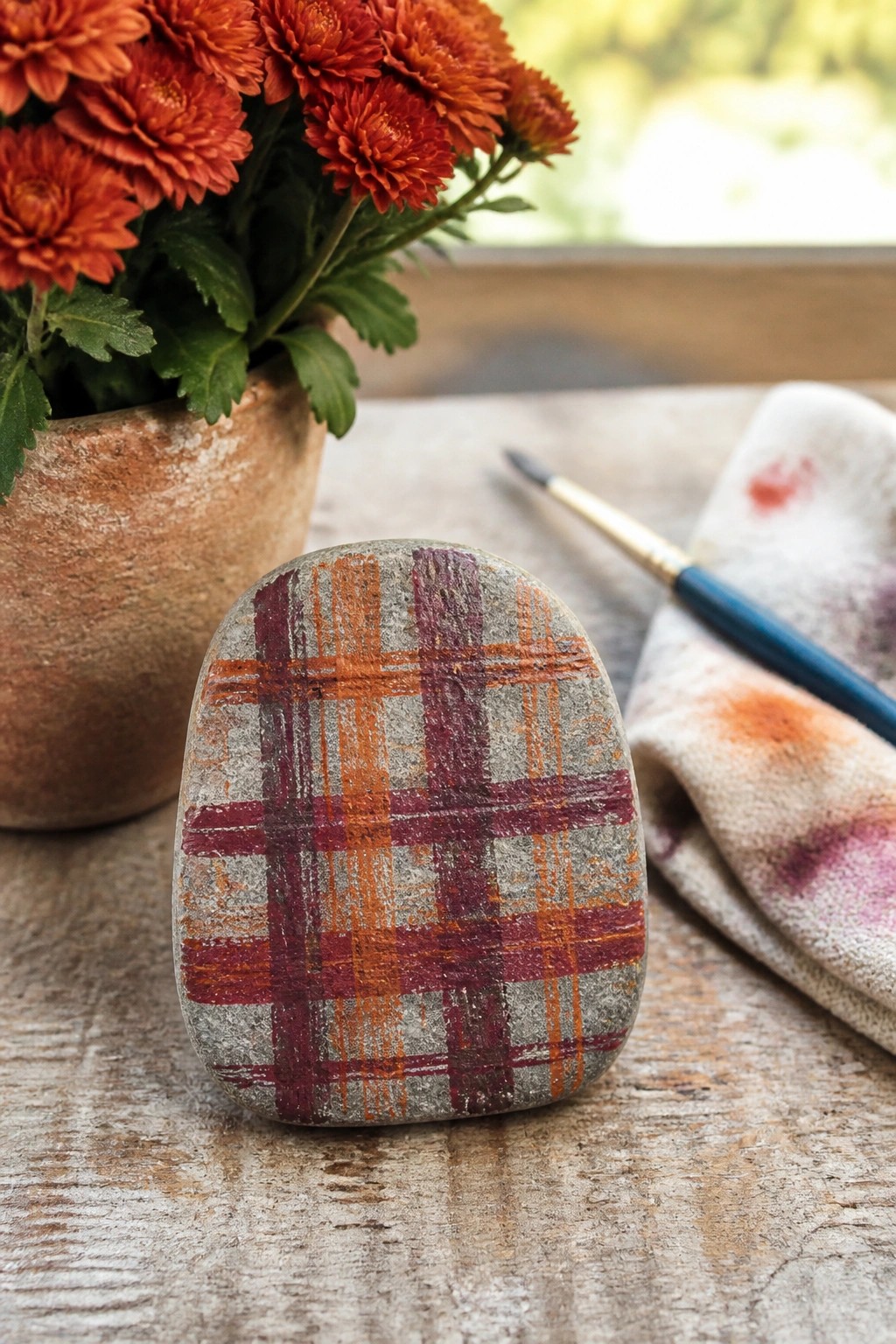 Plaid-painted gray stone on wooden table with orange flowers, brush, and cloth