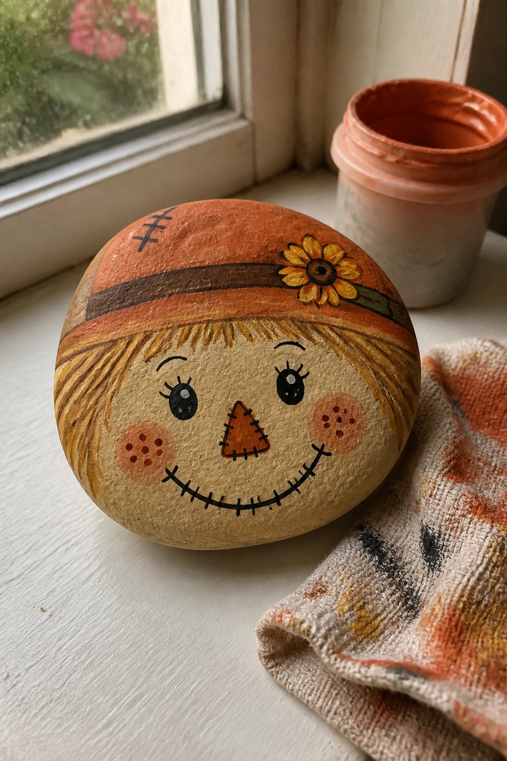 Painted scarecrow rock with orange hat, sunflower, and stitched face on windowsill beside paint jar.