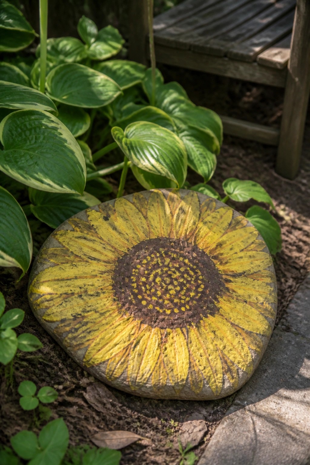Sunflower painted on round stone amid green hostas near wooden steps
