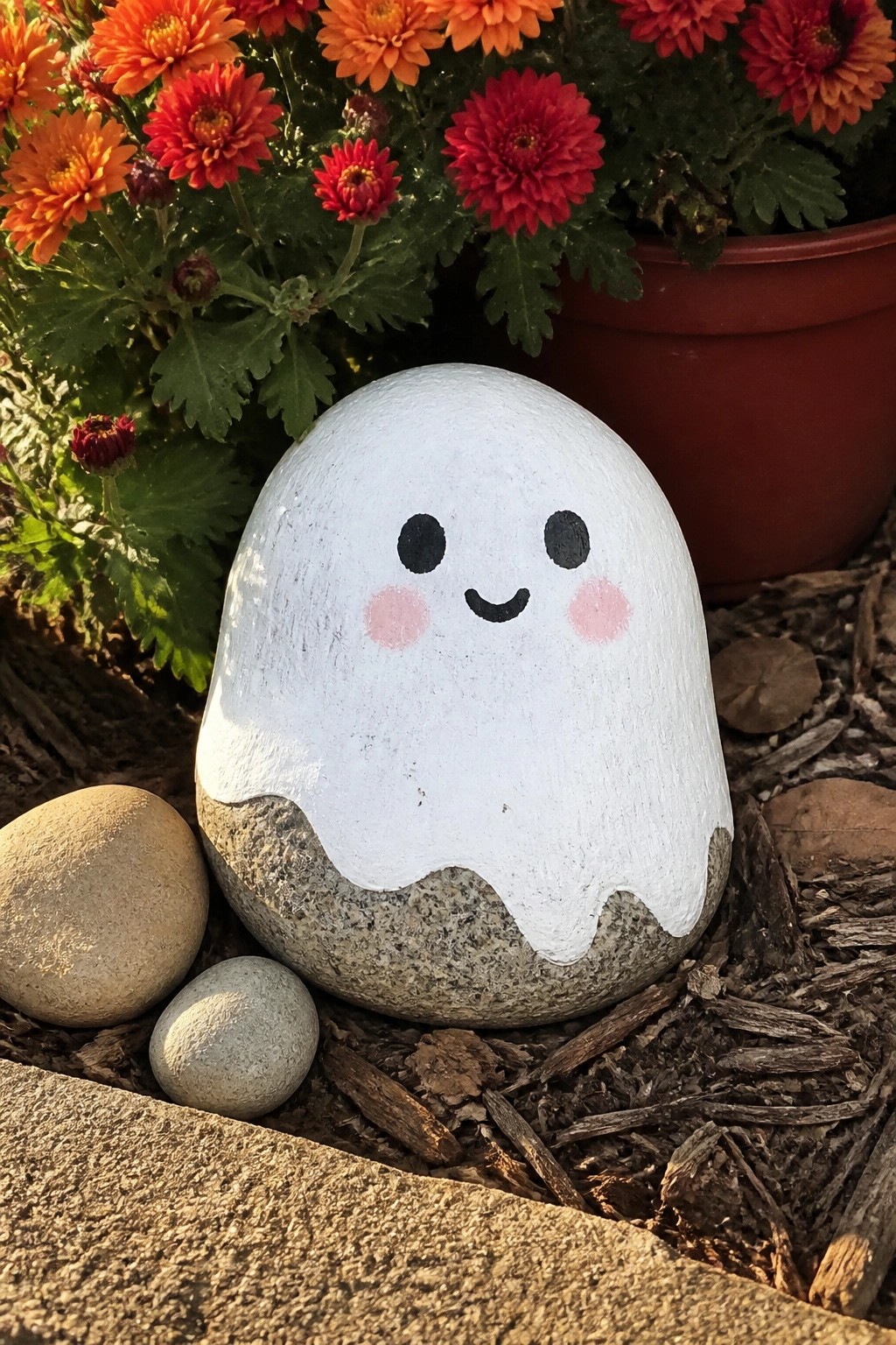 Painted ghost rock with black eyes, smile, and pink cheeks among colorful flowers