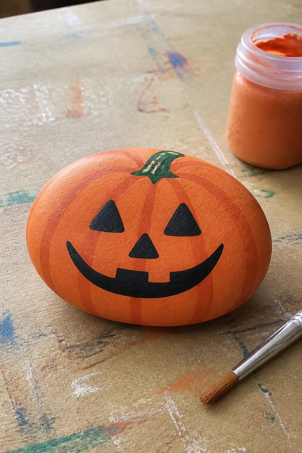 Painted orange pumpkin rock with black jack-o'-lantern face beside paint jar and brush