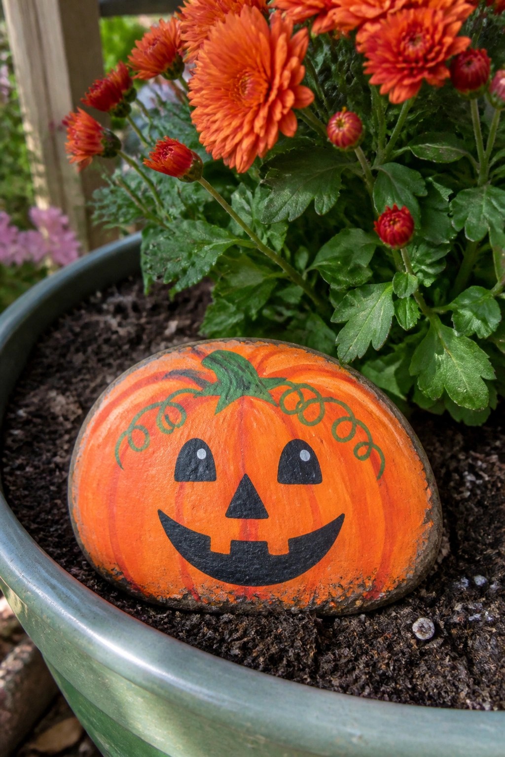 A painted orange pumpkin rock with a black jack-o-lantern face sits in a green planter filled with soil and orange chrysanthemums.