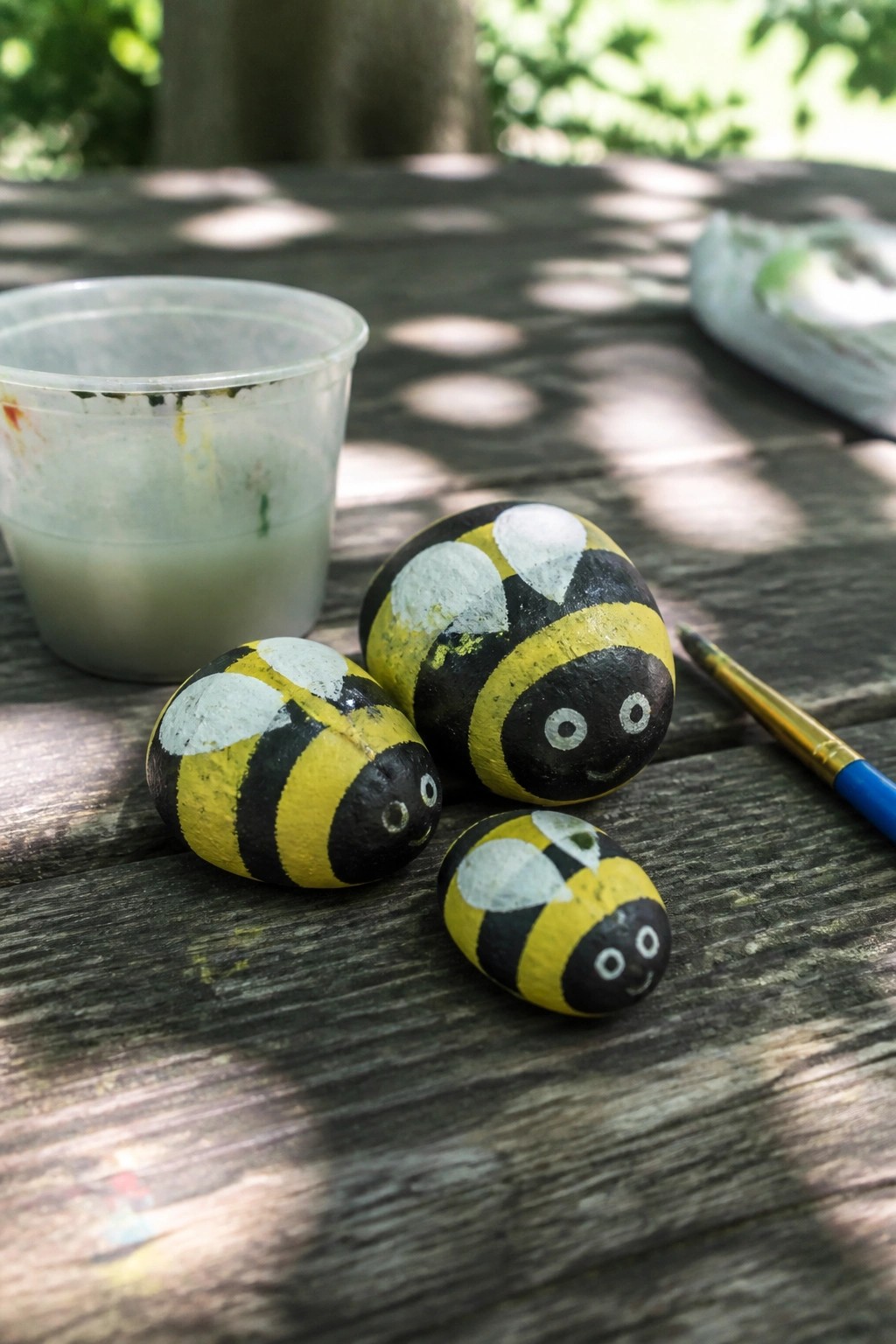 Three yellow-black striped bee rocks on a wooden table with paint supplies.