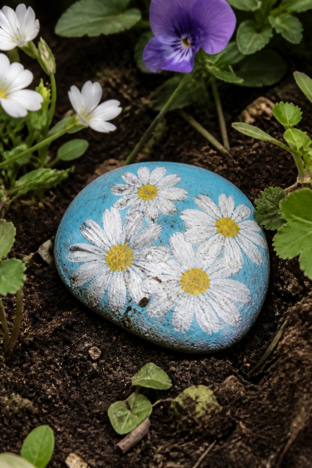 Painted turquoise rock with white daisies on soil amid plants and flowers.