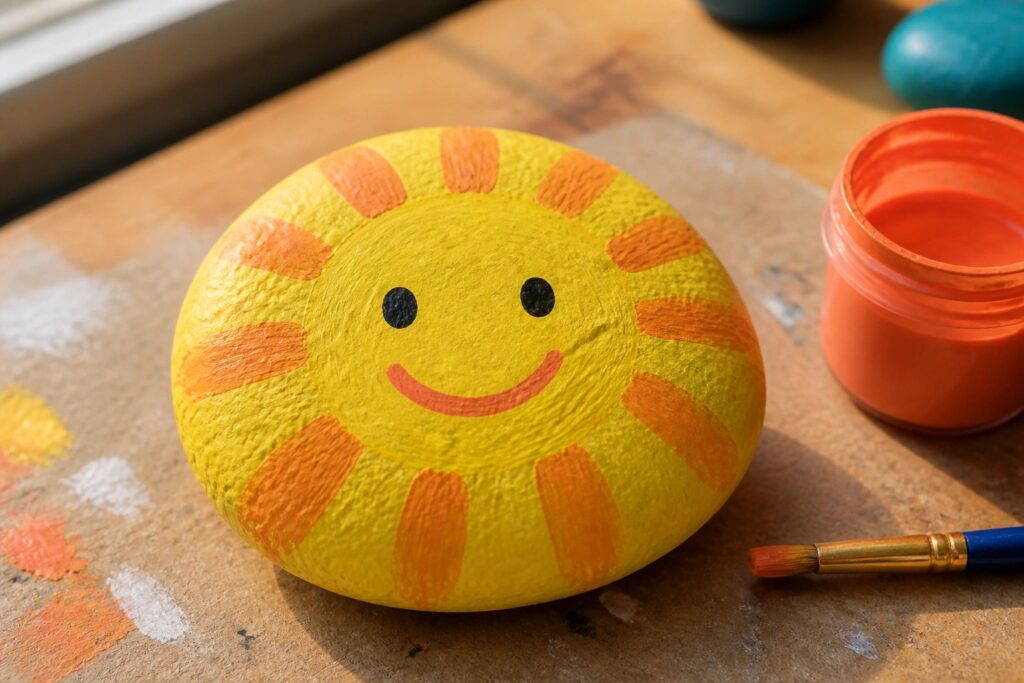 Yellow smiling sun with orange rays painted on rock beside paint jar and brush