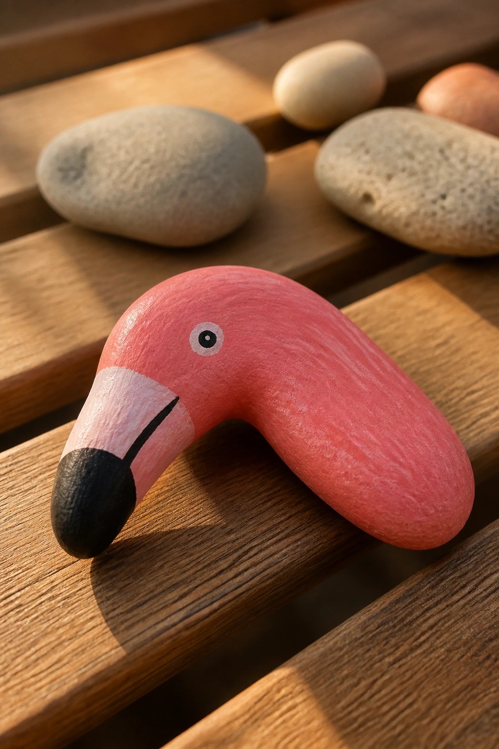 Painted pink flamingo head on rock resting on wooden slats with nearby stones