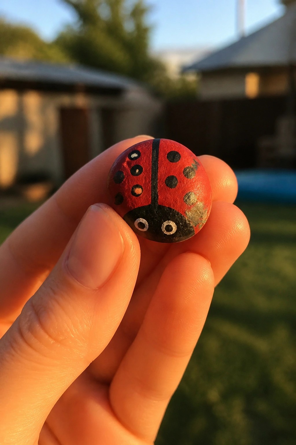 Hand holding red ladybug pebble with black spots and painted white eyes outdoors
