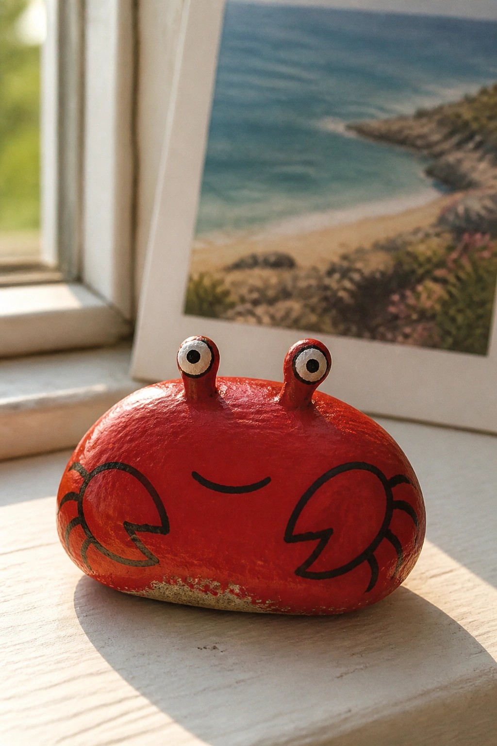 Red rock crab with stalk eyes and smile on wooden windowsill by beach painting