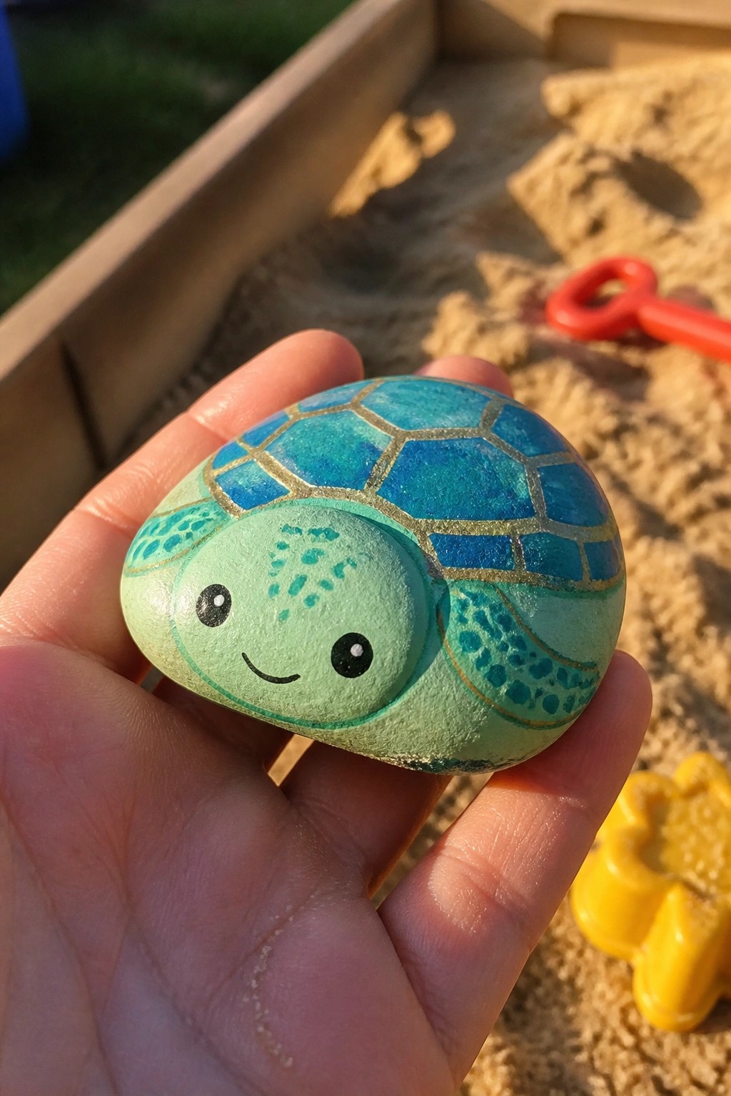 Hand holding smiling turtle rock with blue shell in sandbox