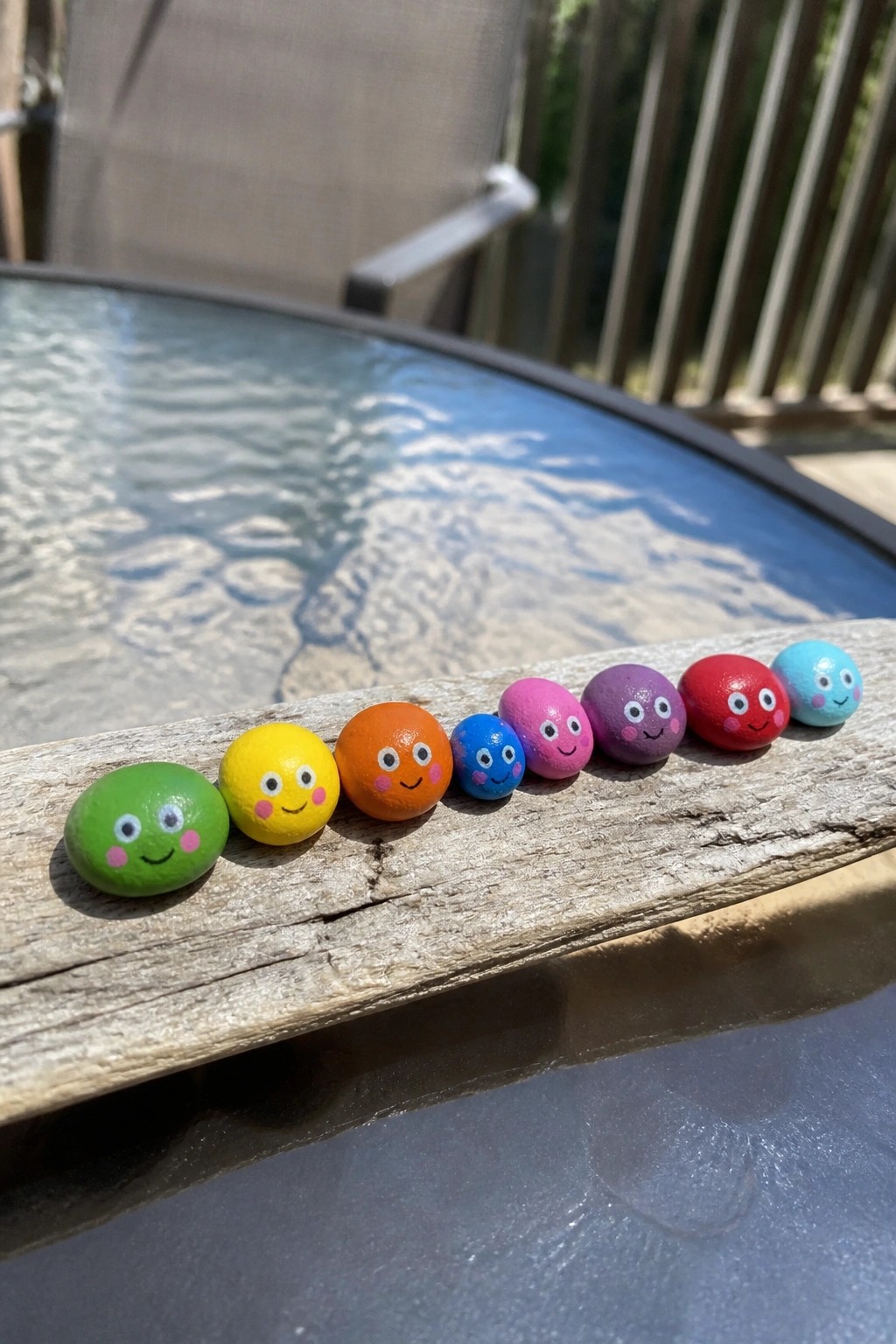 Eight colorful painted rocks with cartoon faces lined up on weathered wood outdoors.