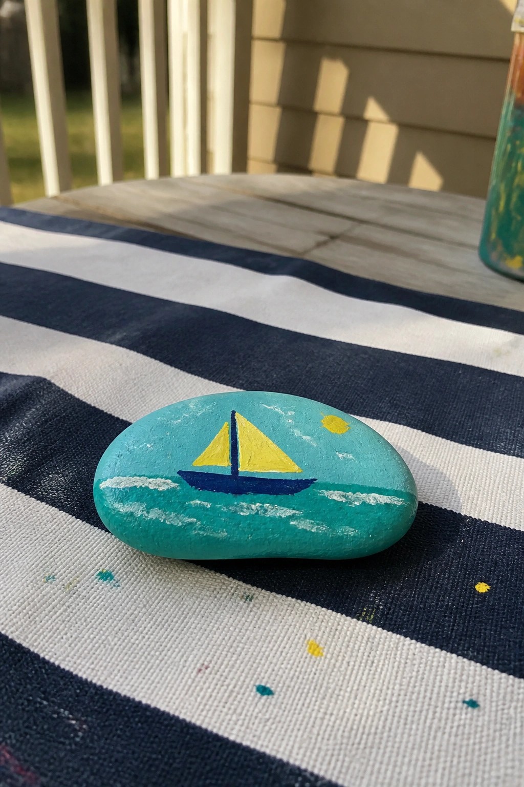Turquoise rock painted with yellow sailboat on blue waves and sun.