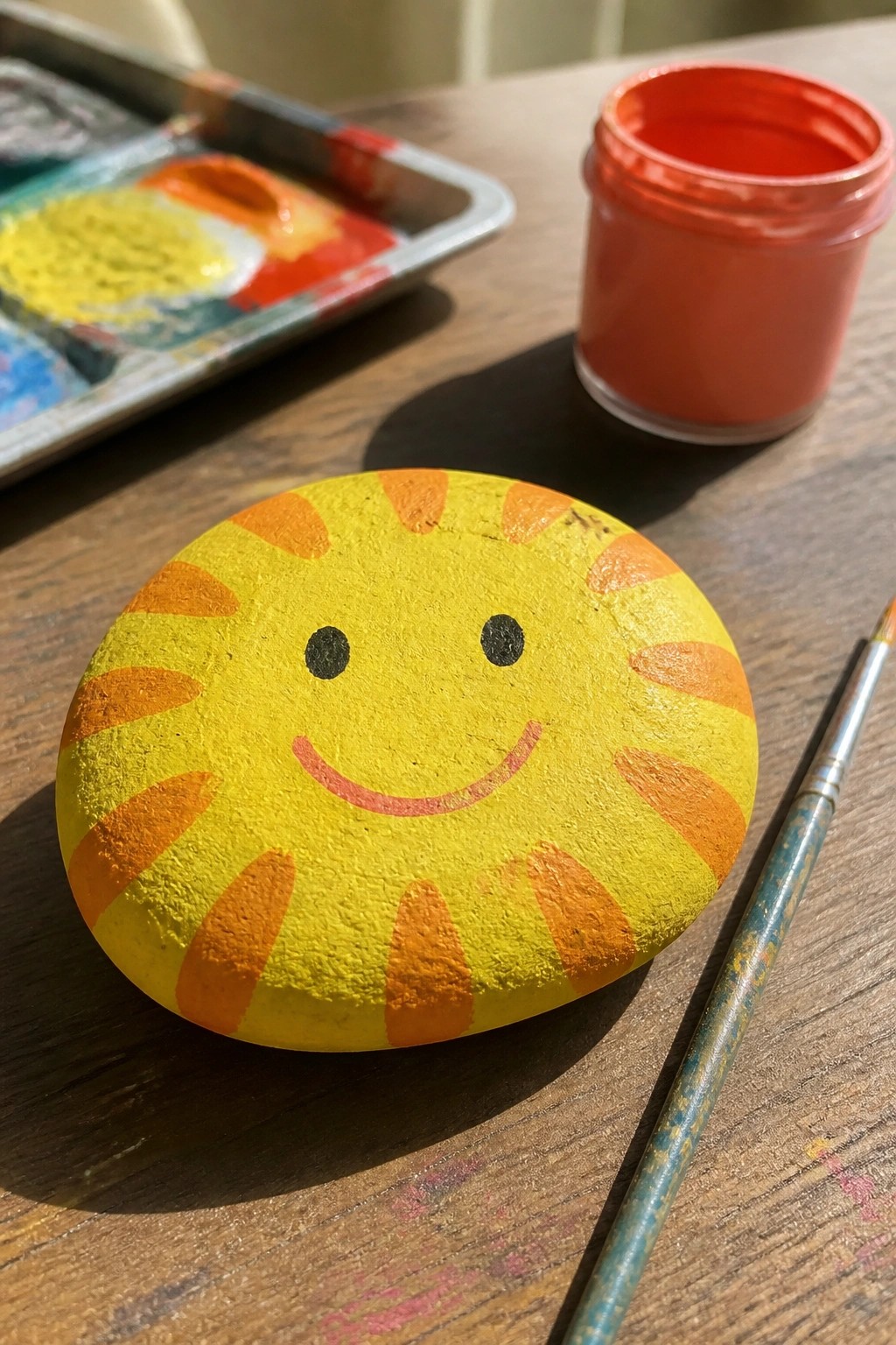 Yellow smiling sun with orange rays painted on rock beside paint jar and brush