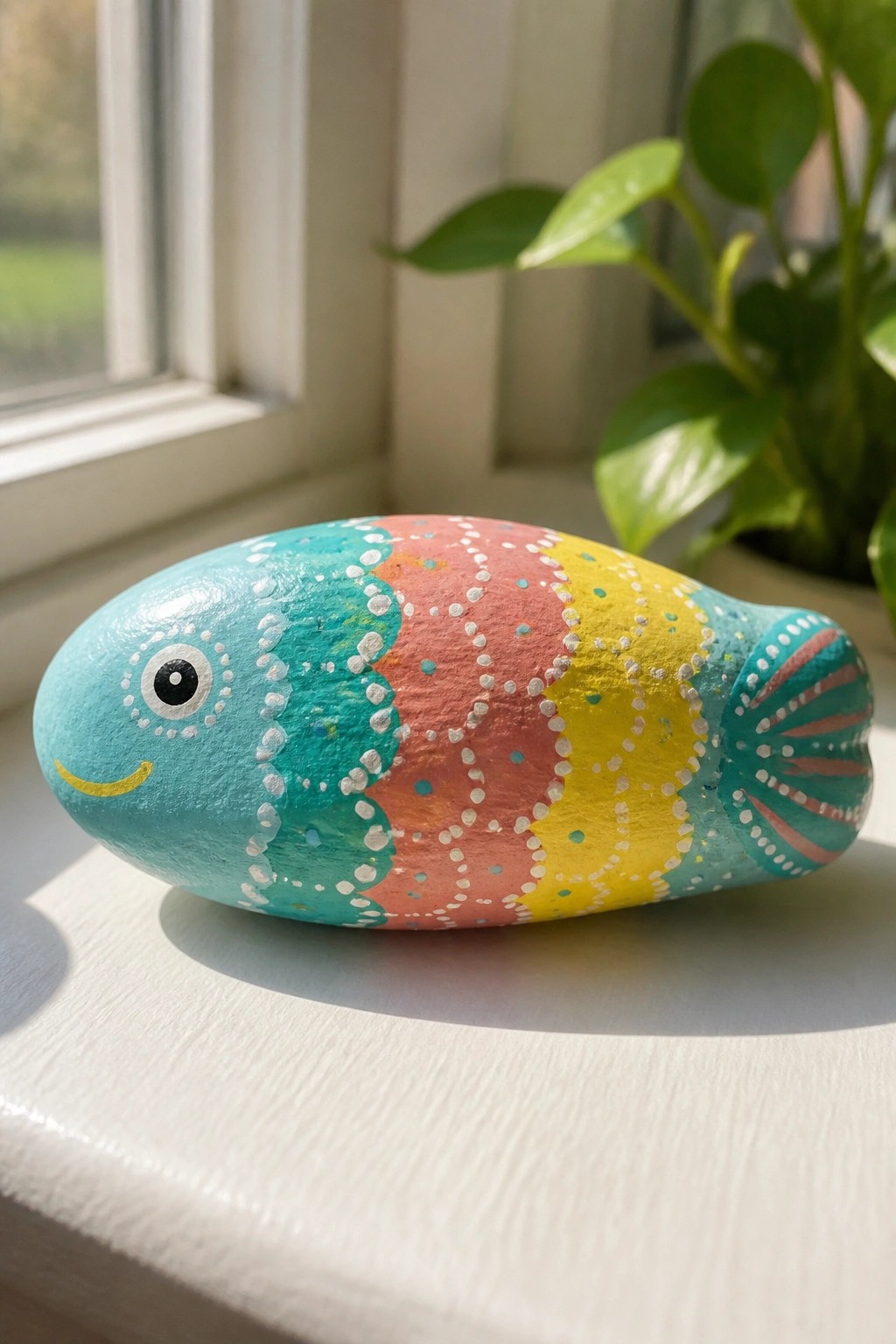 A painted rock shaped like a fish with turquoise, coral, yellow, and teal sections decorated with white dots sits on a white surface near a window and plant.