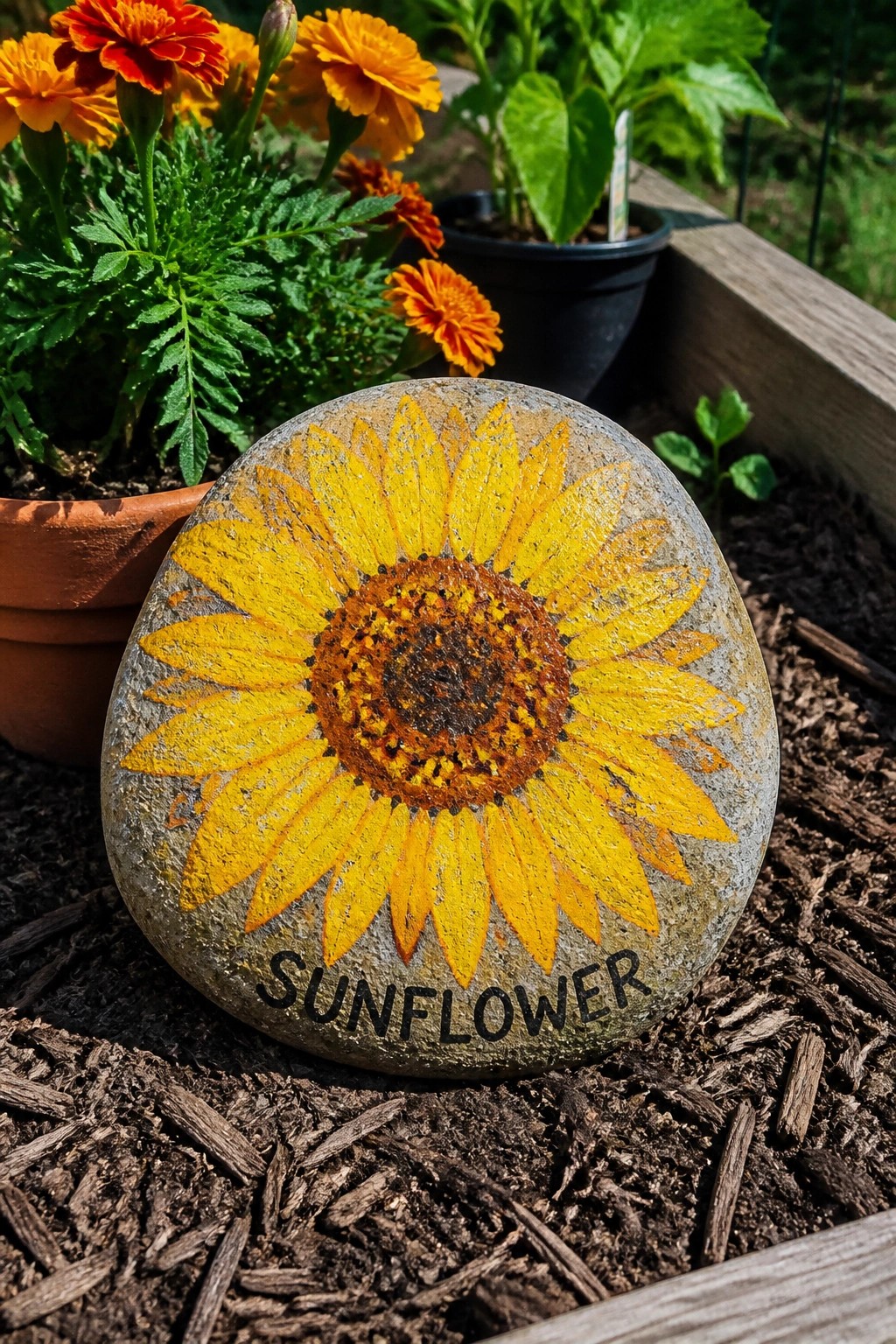 Painted rock with yellow sunflower and 