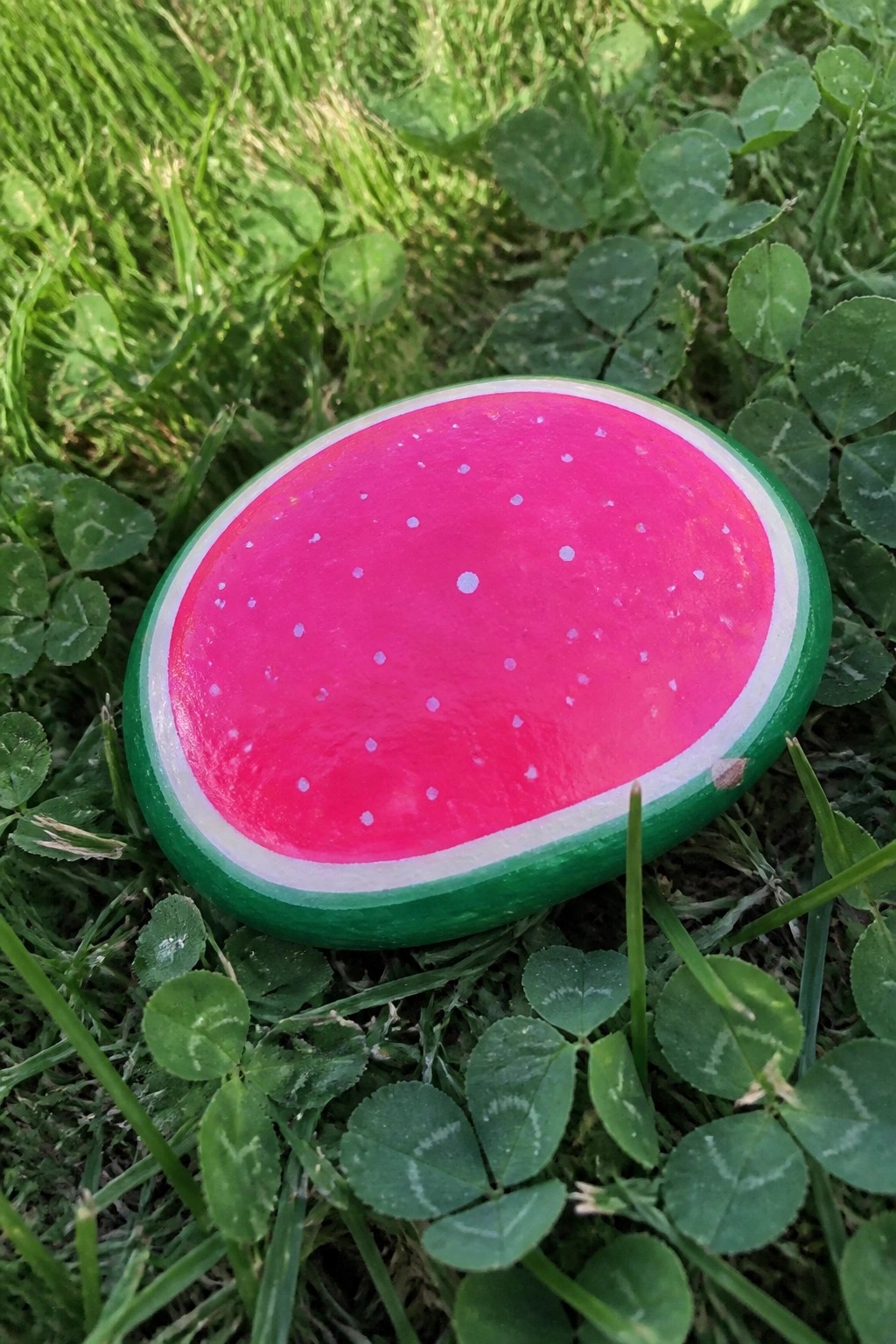 Watermelon-painted rock with pink center, green rind on clover grass