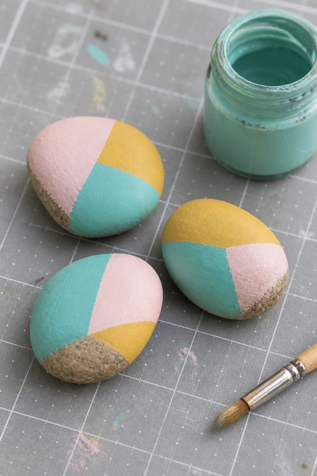 Three painted rocks in pink, yellow, teal beside paint jar and brush on grid mat.