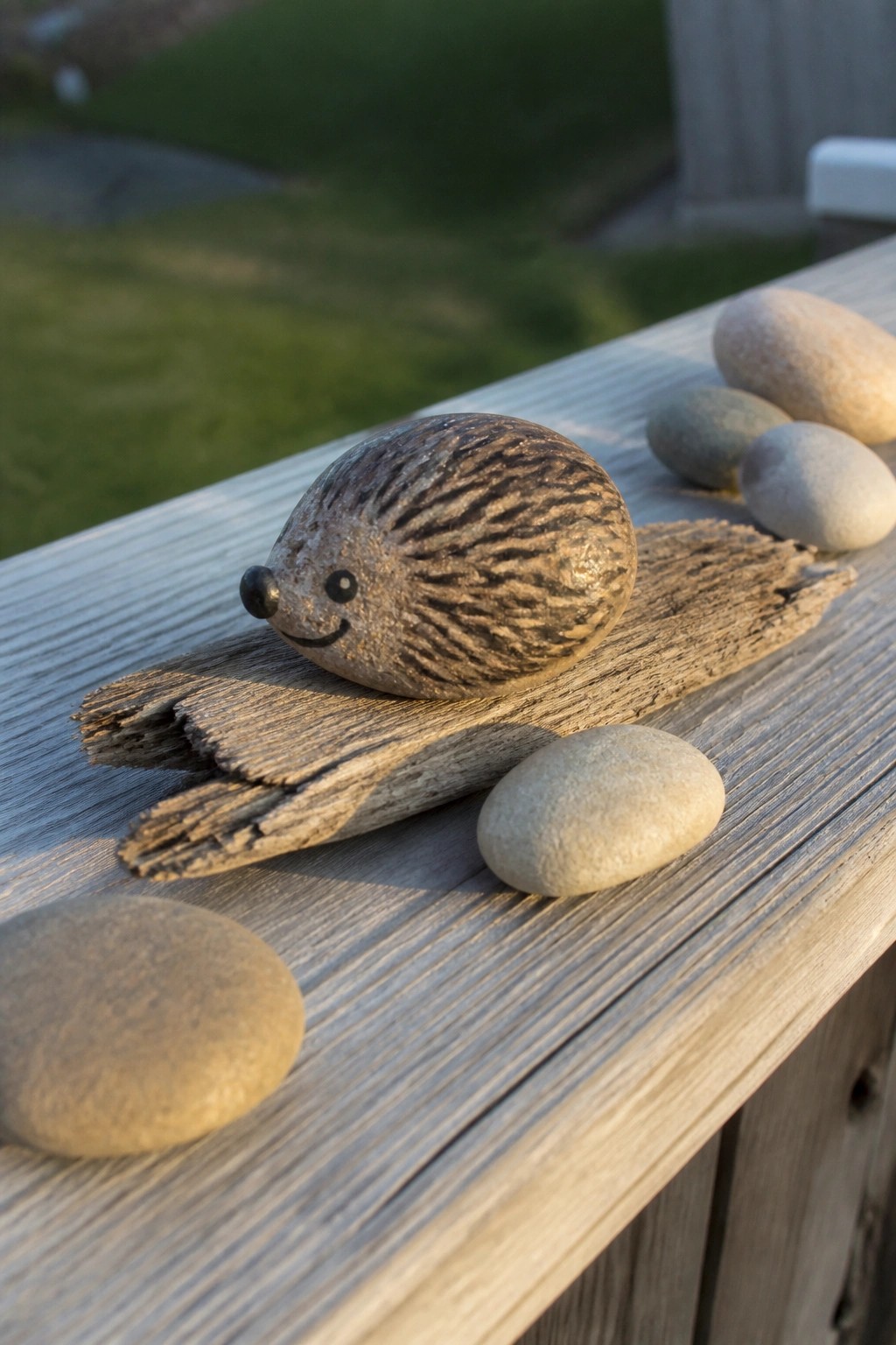 A rounded stone painted as a hedgehog with striped spines and a simple face rests on driftwood among plain rocks on a wooden railing.