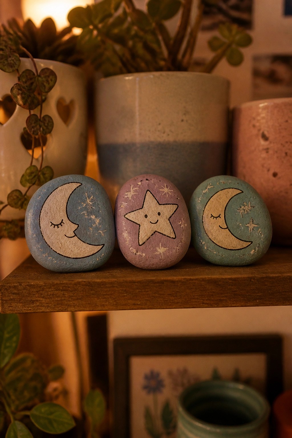 Three painted rocks with moons and smiling star on wooden shelf among plants