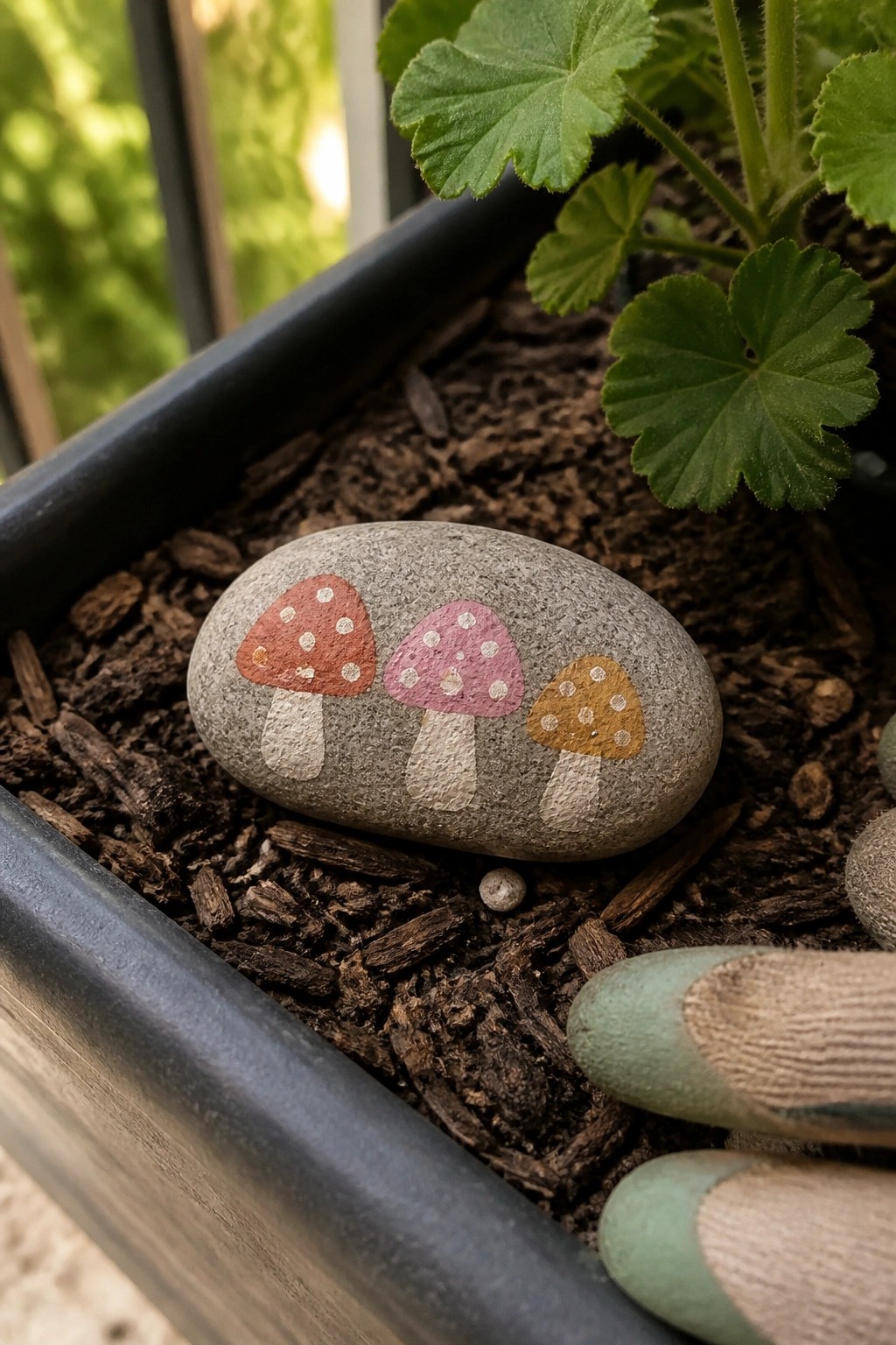 Painted stone with red, pink, and yellow mushrooms in soil beside plant leaves