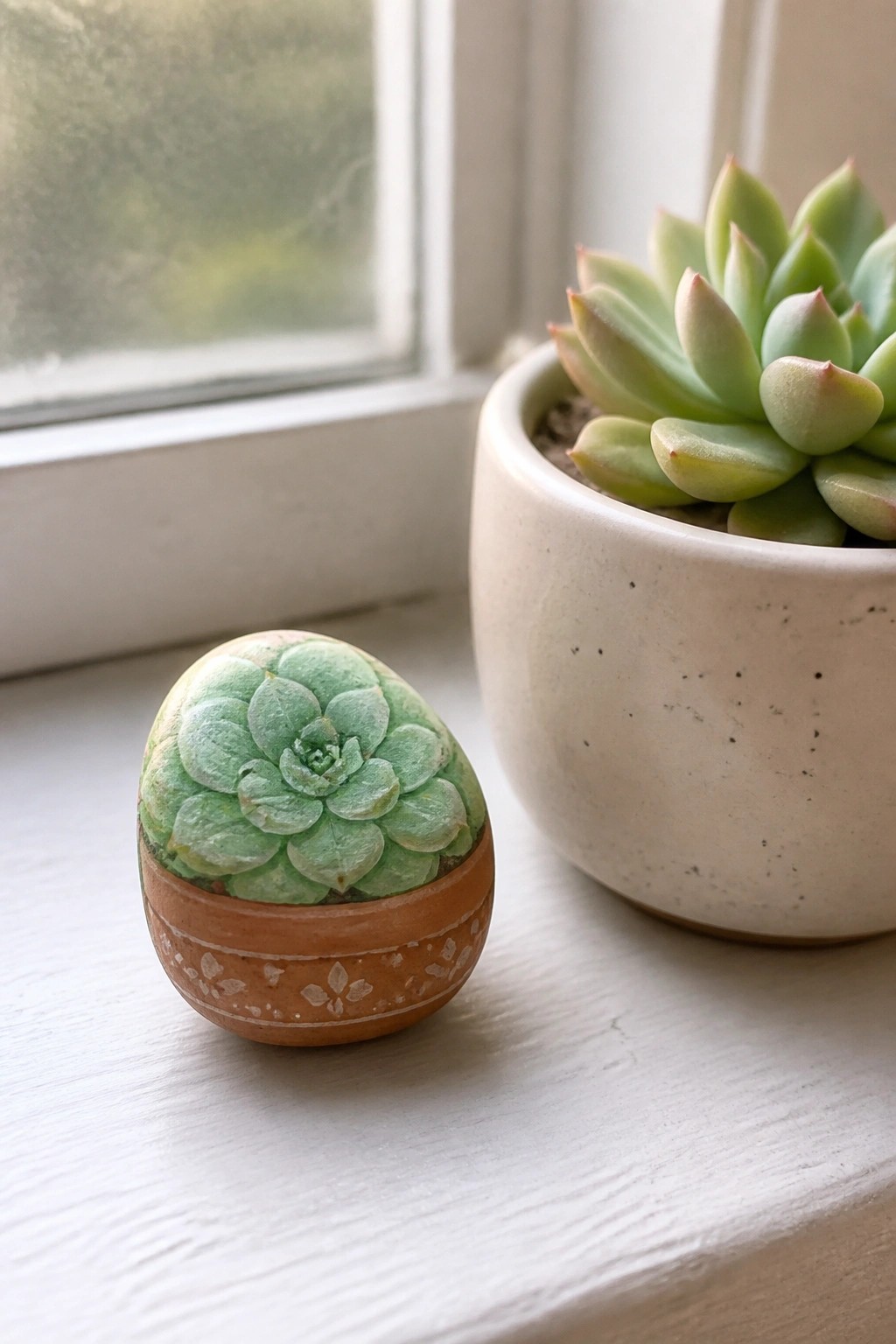 Painted green succulent rock in tiny terracotta pot on sunny windowsill beside live plant