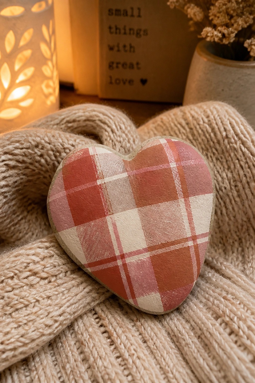 Plaid heart on beige knit sweater with glowing lantern and book nearby
