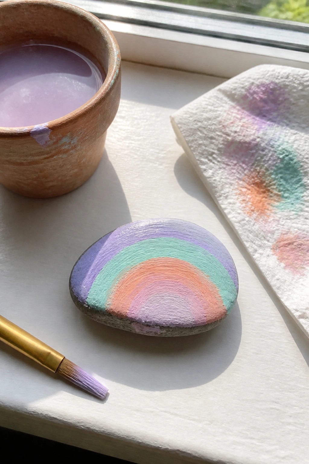 Rainbow-painted stone on windowsill with paintbrush, purple paint cup, and stained towel