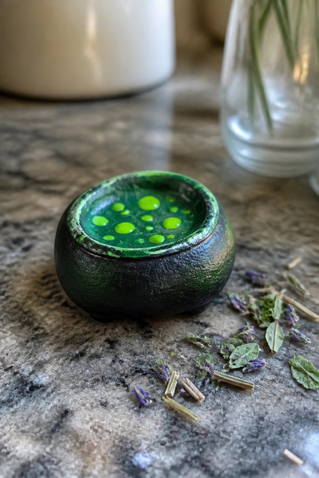 Small dark green ceramic bowl with bright green liquid and bubbles beside dried herbs