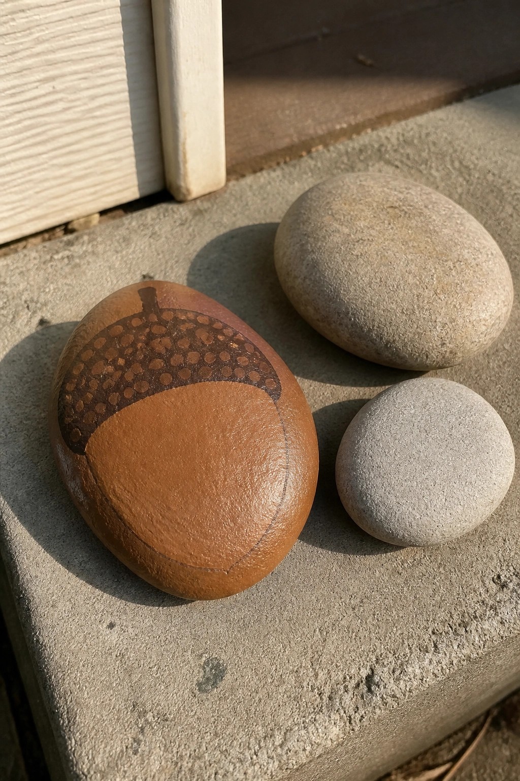 Painted acorn on brown rock beside two gray stones on concrete.