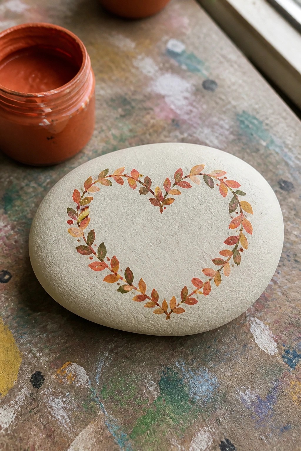 A smooth oval stone with a heart-shaped wreath of painted autumn leaves in red, orange, and yellow sits on a paint-splattered surface next to an open jar of orange paint.
