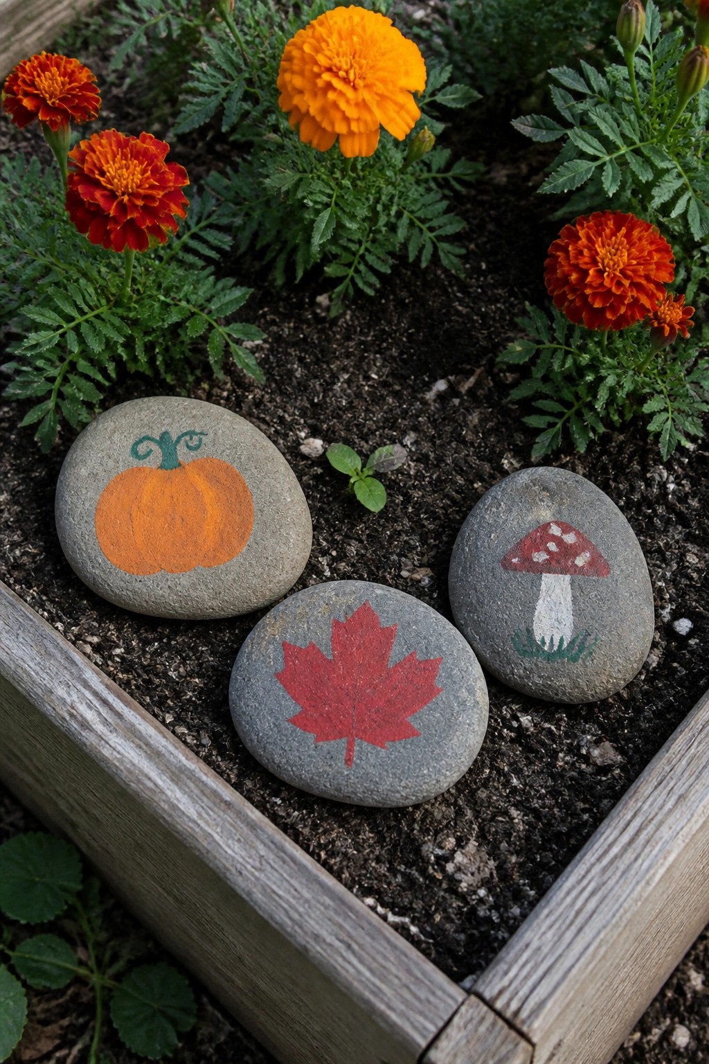 Three painted rocks with pumpkin, leaf, and mushroom designs among orange marigolds