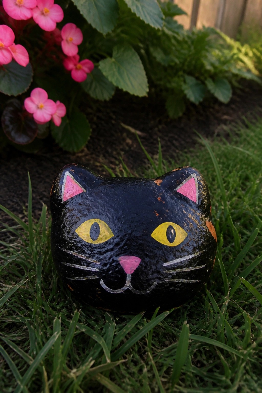 Black painted rock cat with yellow eyes, pink nose and whiskers on grass