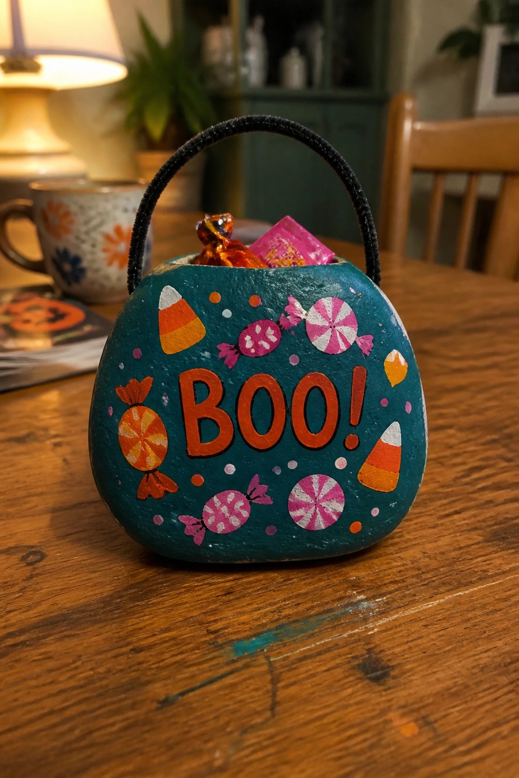 Teal painted rock basket with orange
