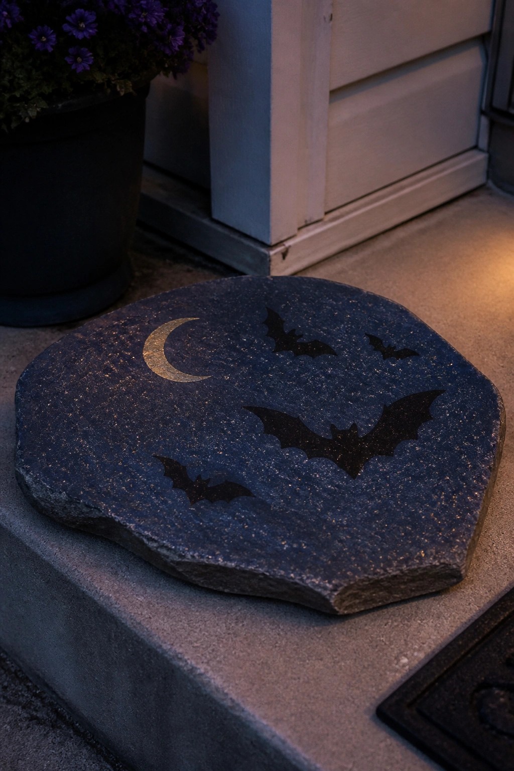 Dark stone with gold crescent moon and black bats on porch step